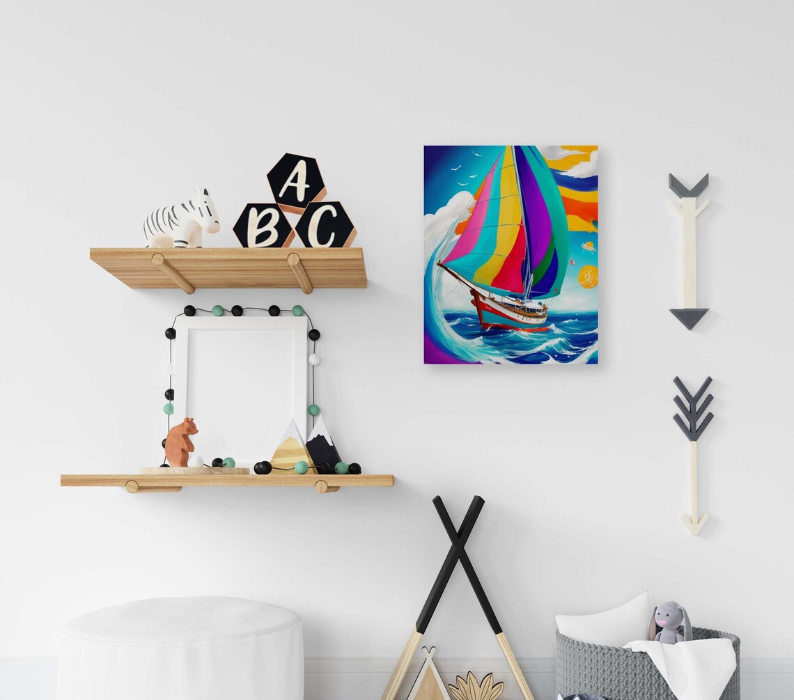 Rainbow Sail Boat Ocean Waves Whimsical Kids Room Art Poster - Image 2