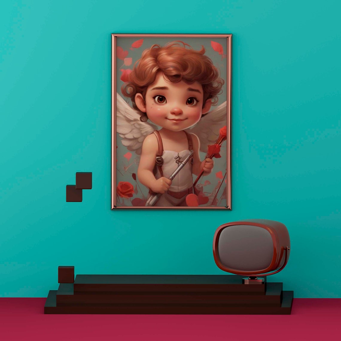 Sweet Curly Haired Cupid Cherub Valentines Day Pink Art Poster - Image 2