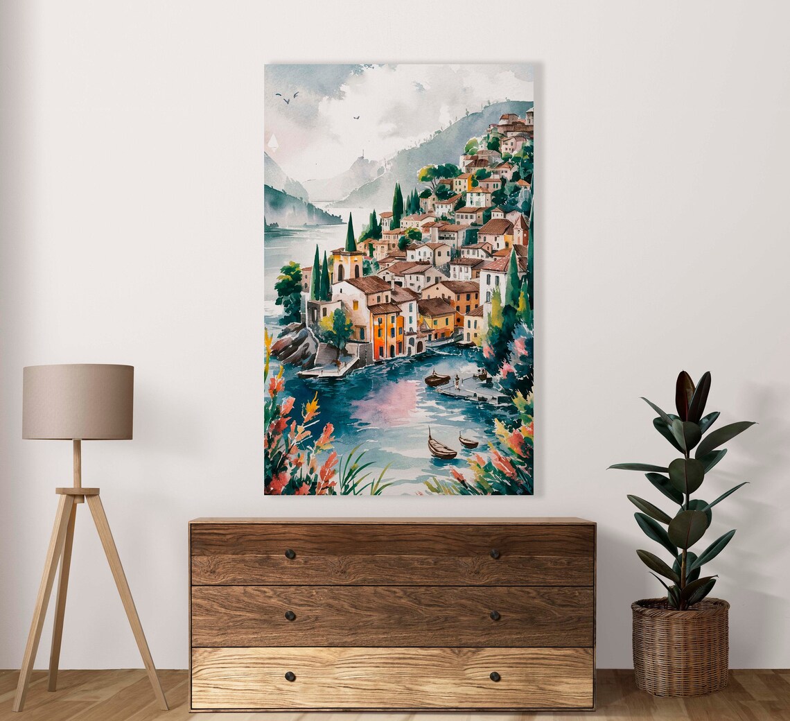 Lakeside Mountain Village Watercolor With Colorful Houses Poster