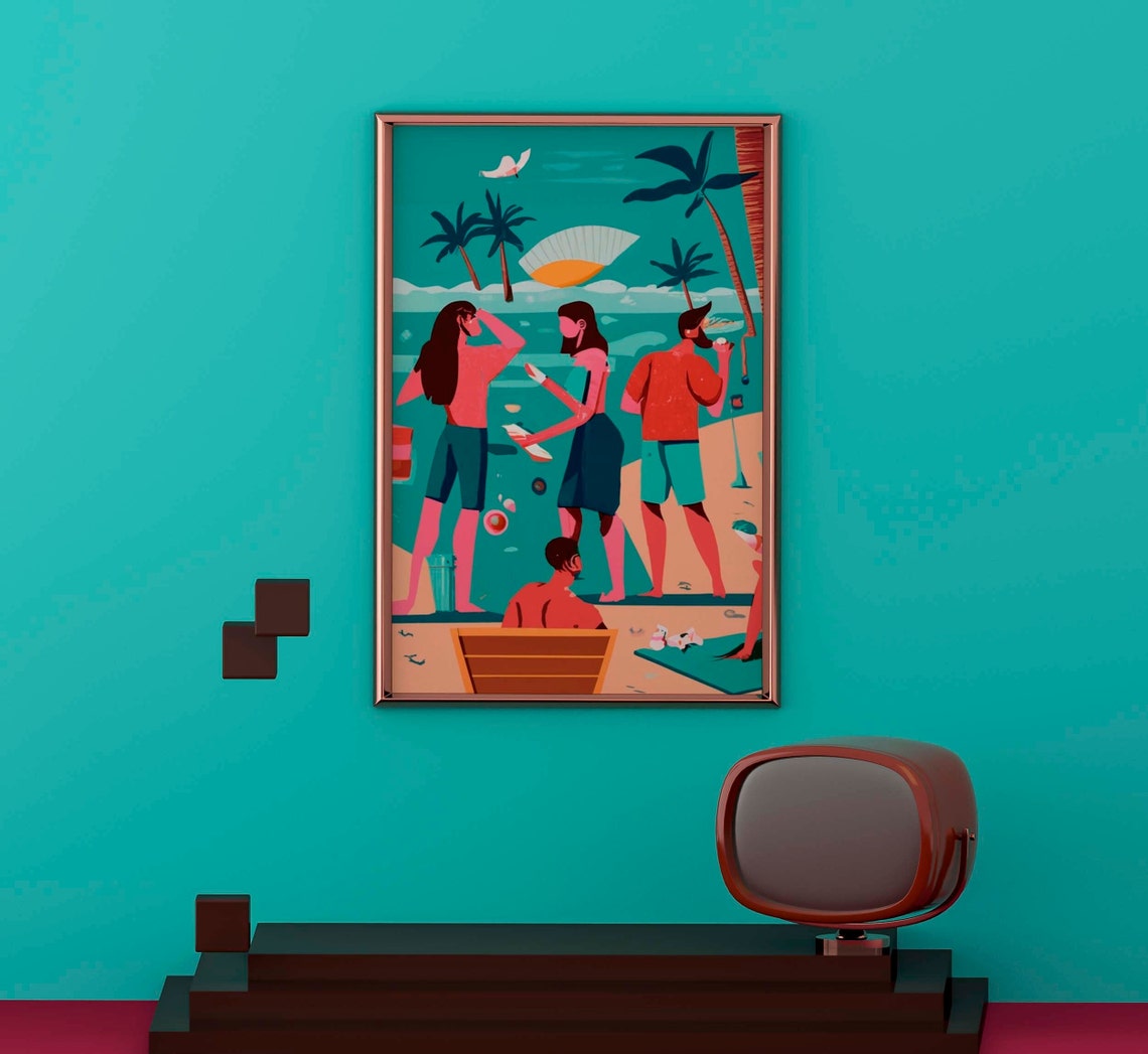 Friends Enjoying a Sunny Tropical Beach Day Illustration Poster - Image 2