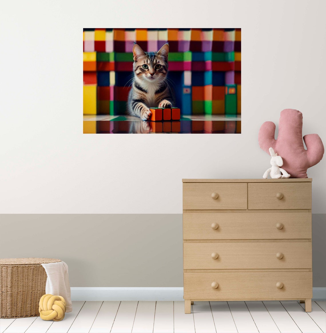 Tabby Kitten With Puzzle Cube Against Rainbow Block Wall Poster - Image 2