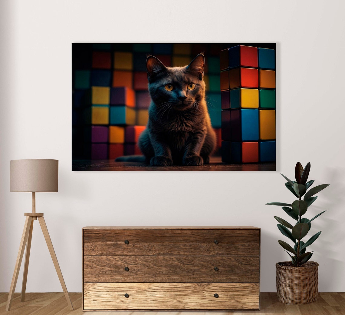 Black Cat With Yellow Eyes Between Glowing Rubiks Cubes Poster