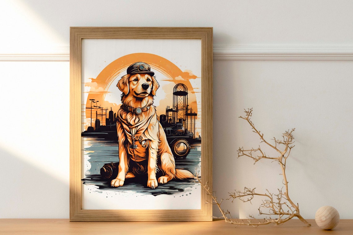 Golden Retriever Factory Worker Cap Industrial Sunset Art Poster - Image 2