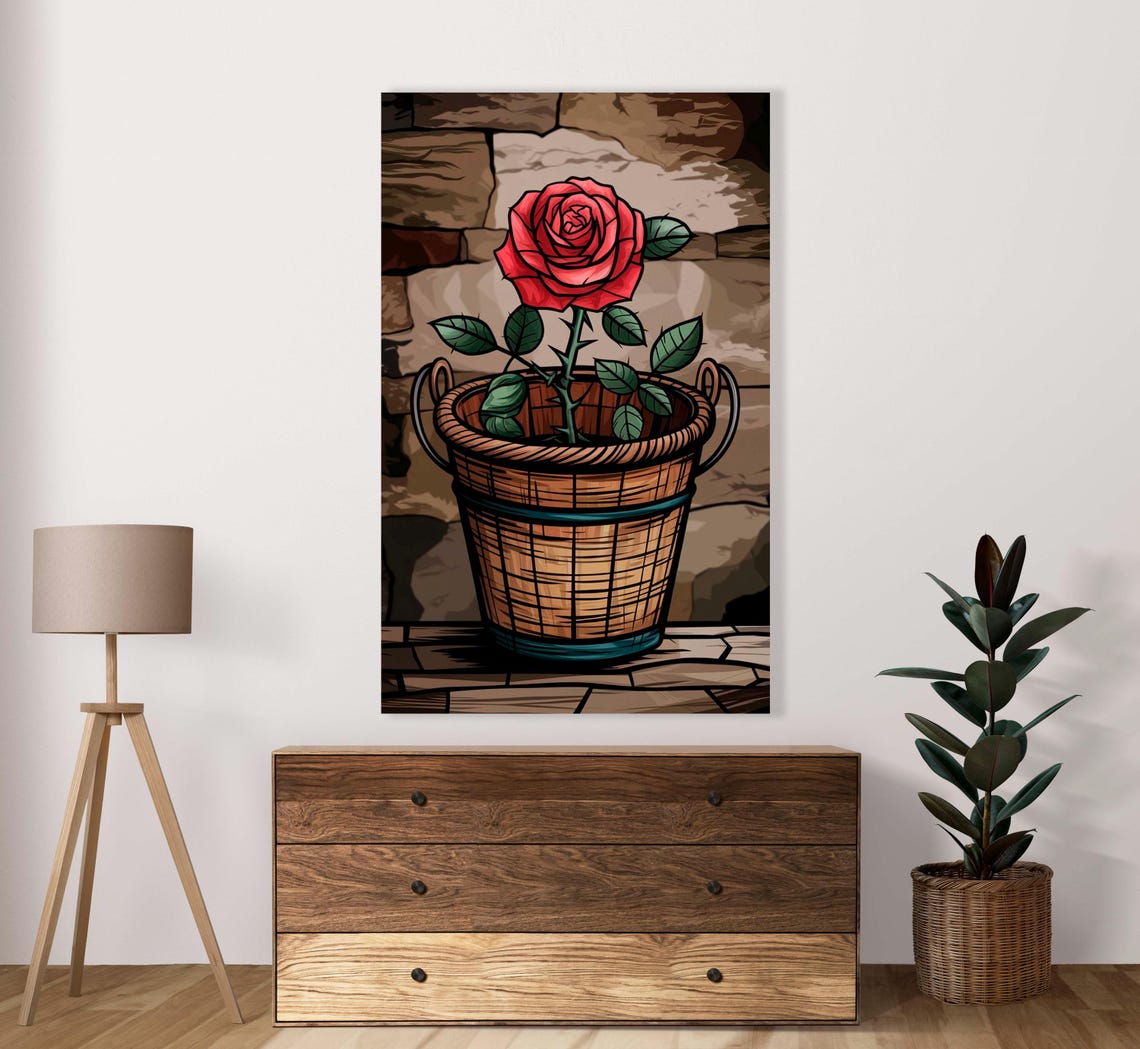 Single Red Rose In Woven Basket Stained Glass Floral Art Poster