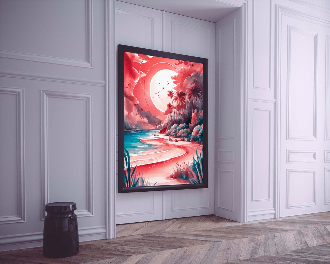 Red Sunset Beach With Palm Trees And White Moon Watercolor Poster - Image 2