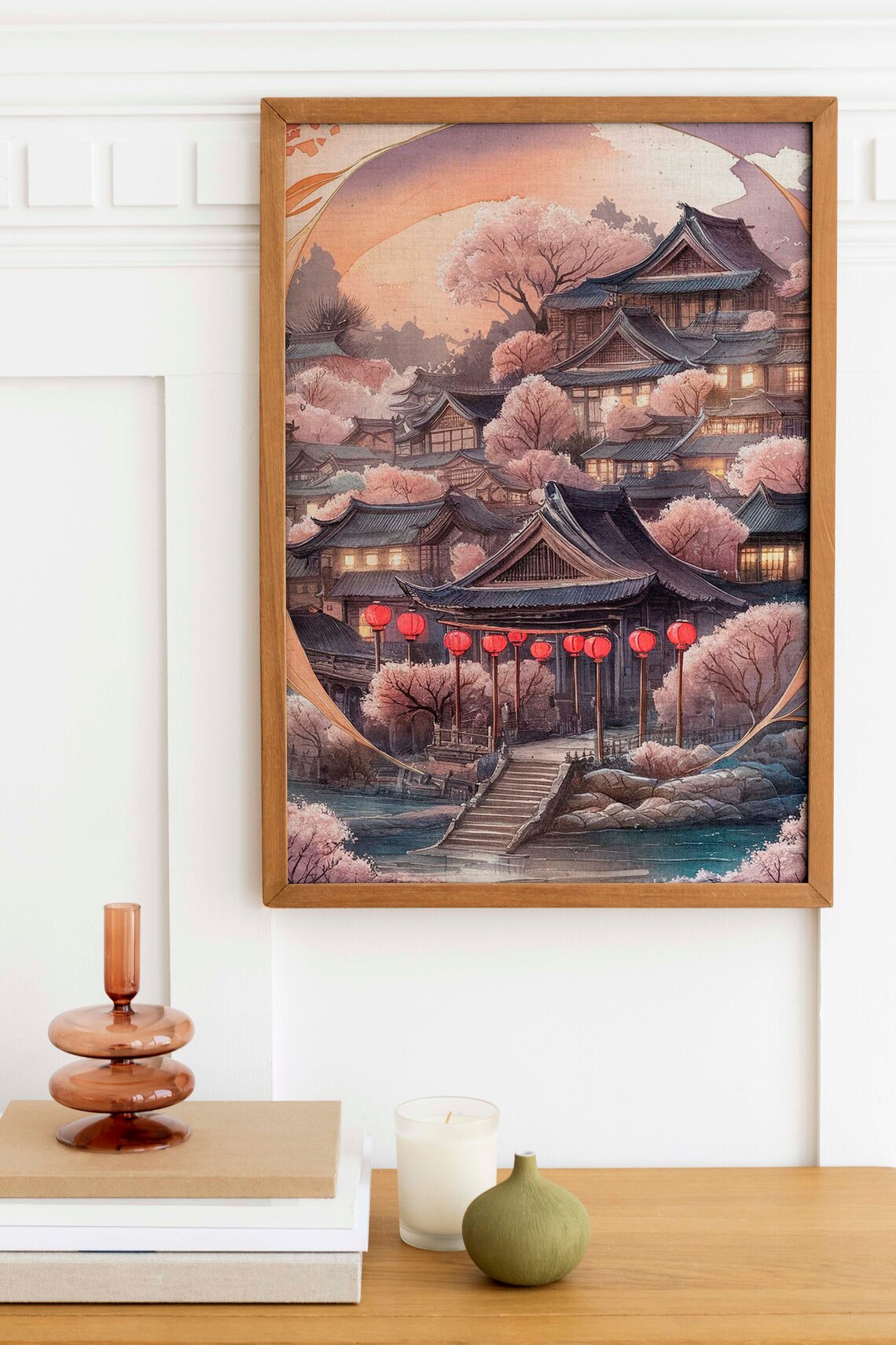 Traditional Japanese Village With Cherry Blossoms Watercolor Poster - Image 2