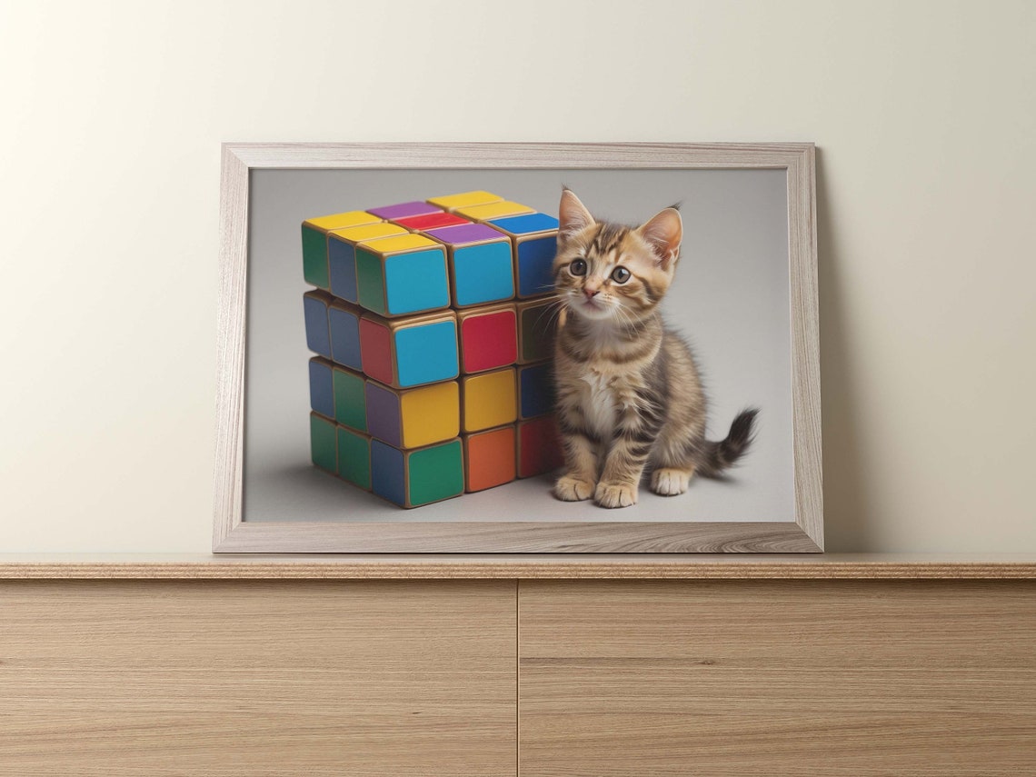 Tabby Kitten Beside Stacked Giant Rubiks Cubes Studio Poster - Image 2