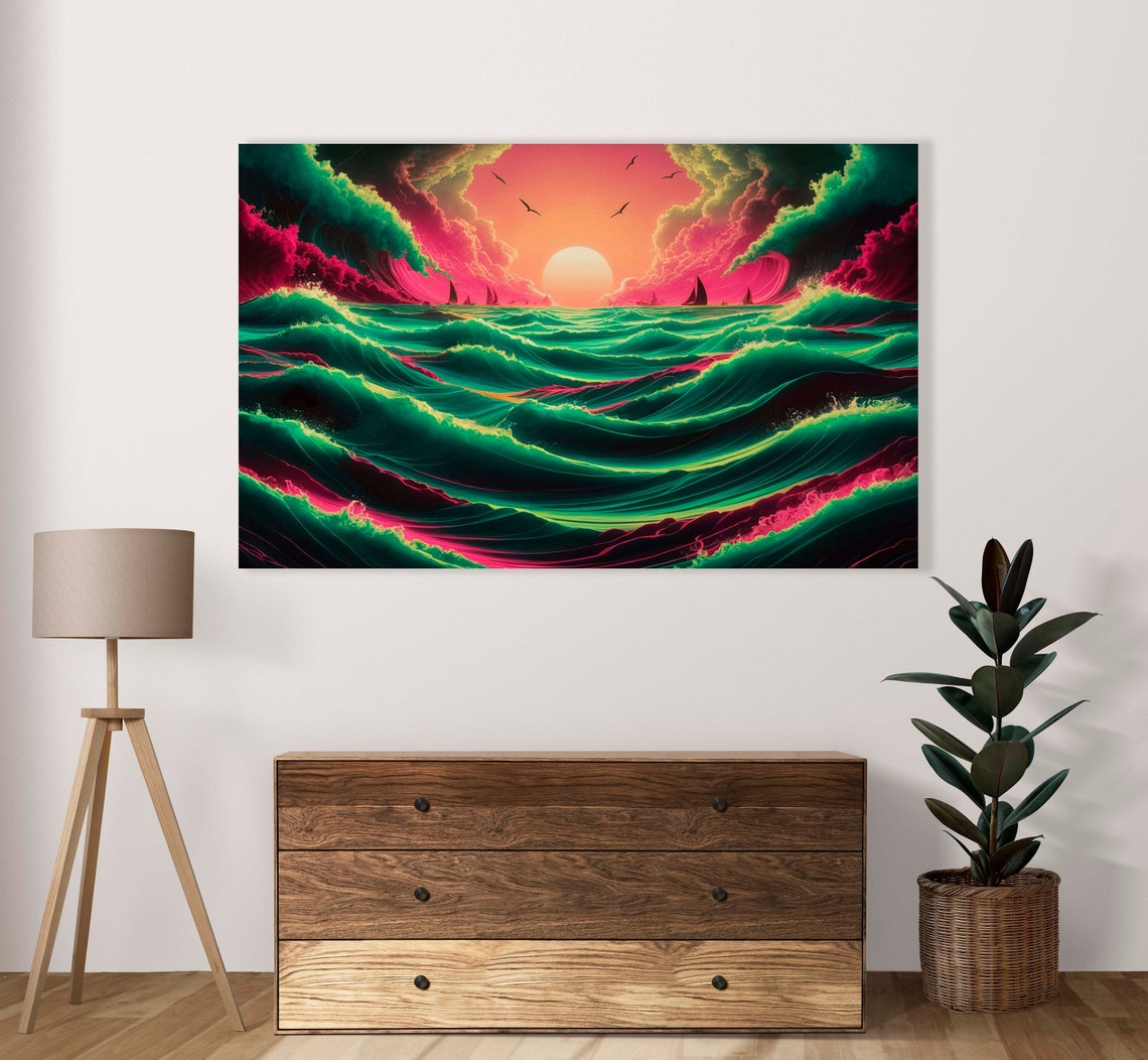 Green And Pink Rolling Waves Sunrise Sailing Boats Ocean Poster