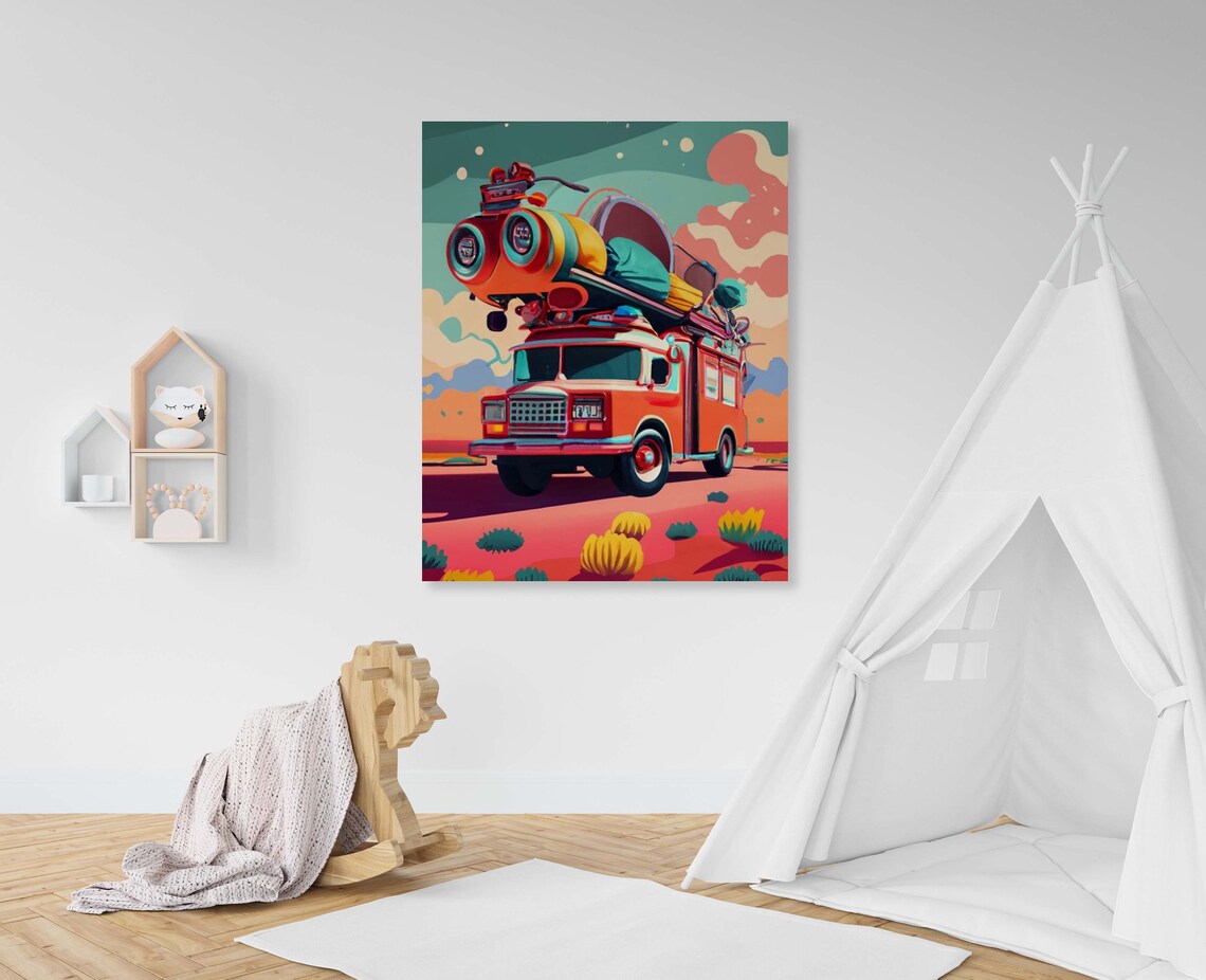 Heroic Fire Truck Art Poster Of 1 Image Childrens Art Decoration Fire Truck Illustration Poster Fire Truck Room Decoration