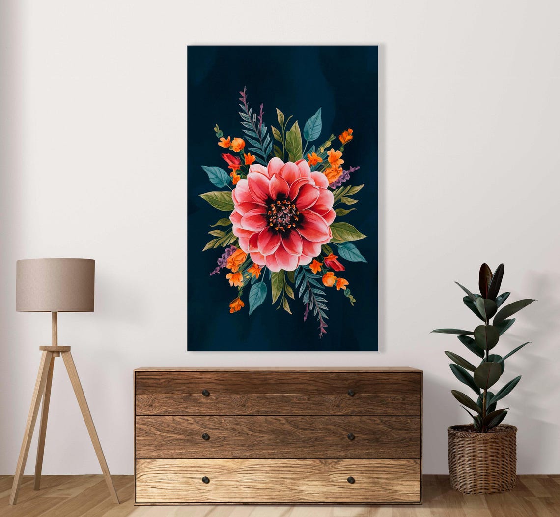 Pink Dahlia Watercolor Bouquet Dark Navy Botanical Art Poster