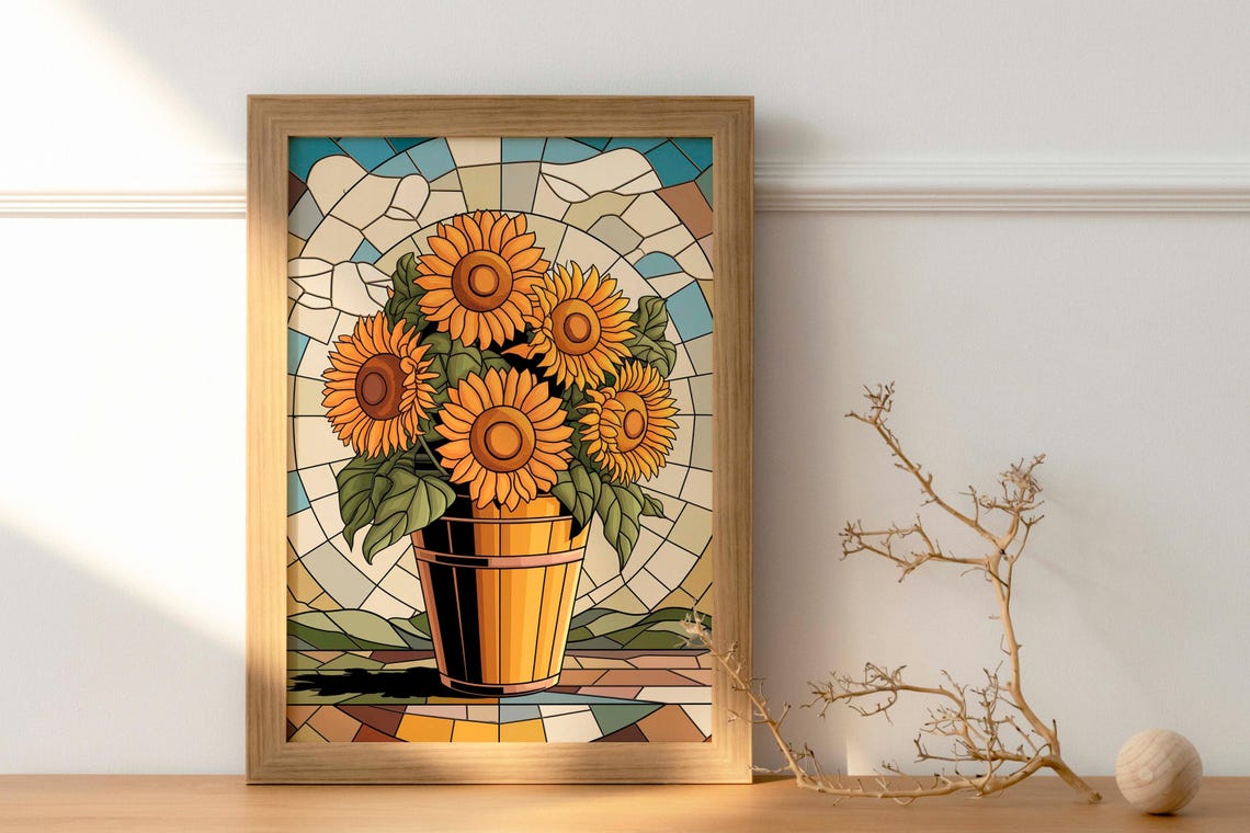 Bright Yellow Sunflowers In Wooden Bucket Stained Glass Art Poster - Image 2