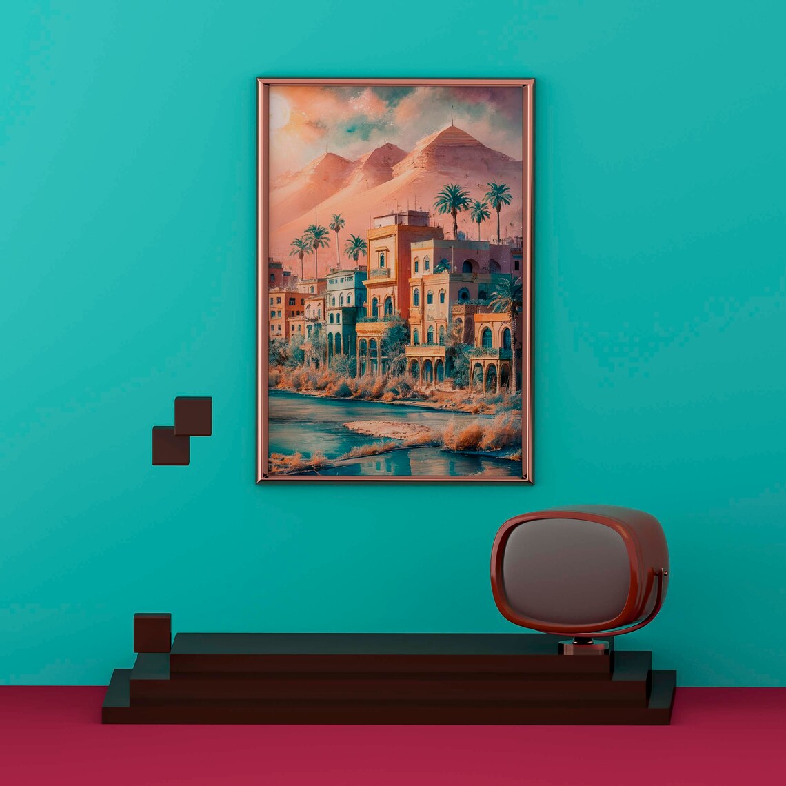 Egyptian Riverside Town With Pyramids Watercolor Illustration Poster - Image 2
