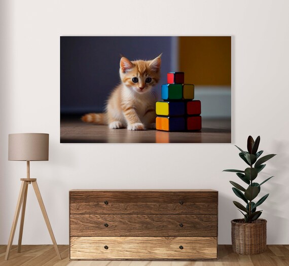 Curious Kitty Cat With Cubes Poster Set Of 1 Image Home Art Decor Cute Kitten Illustration Pets Lovers