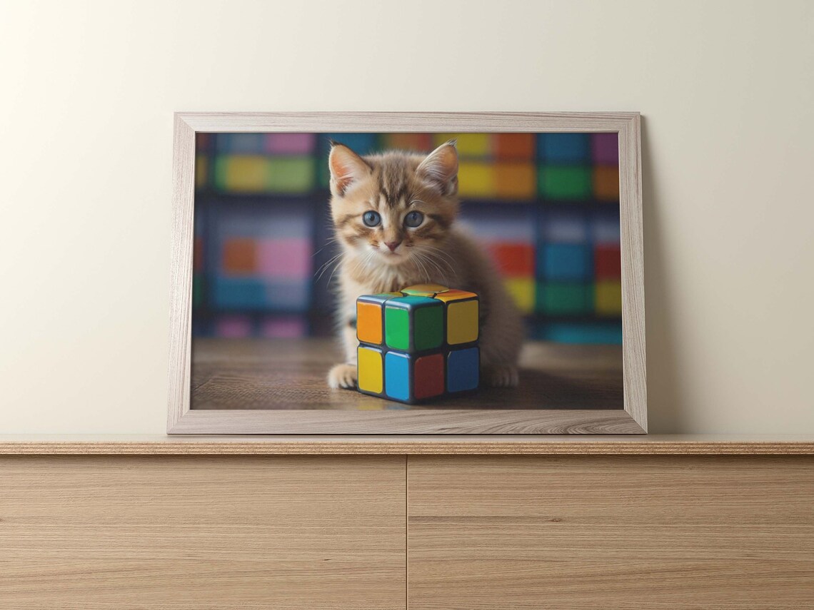 Curious Tabby Kitten With Rubik Cube Colorful Photo Art Poster - Image 2