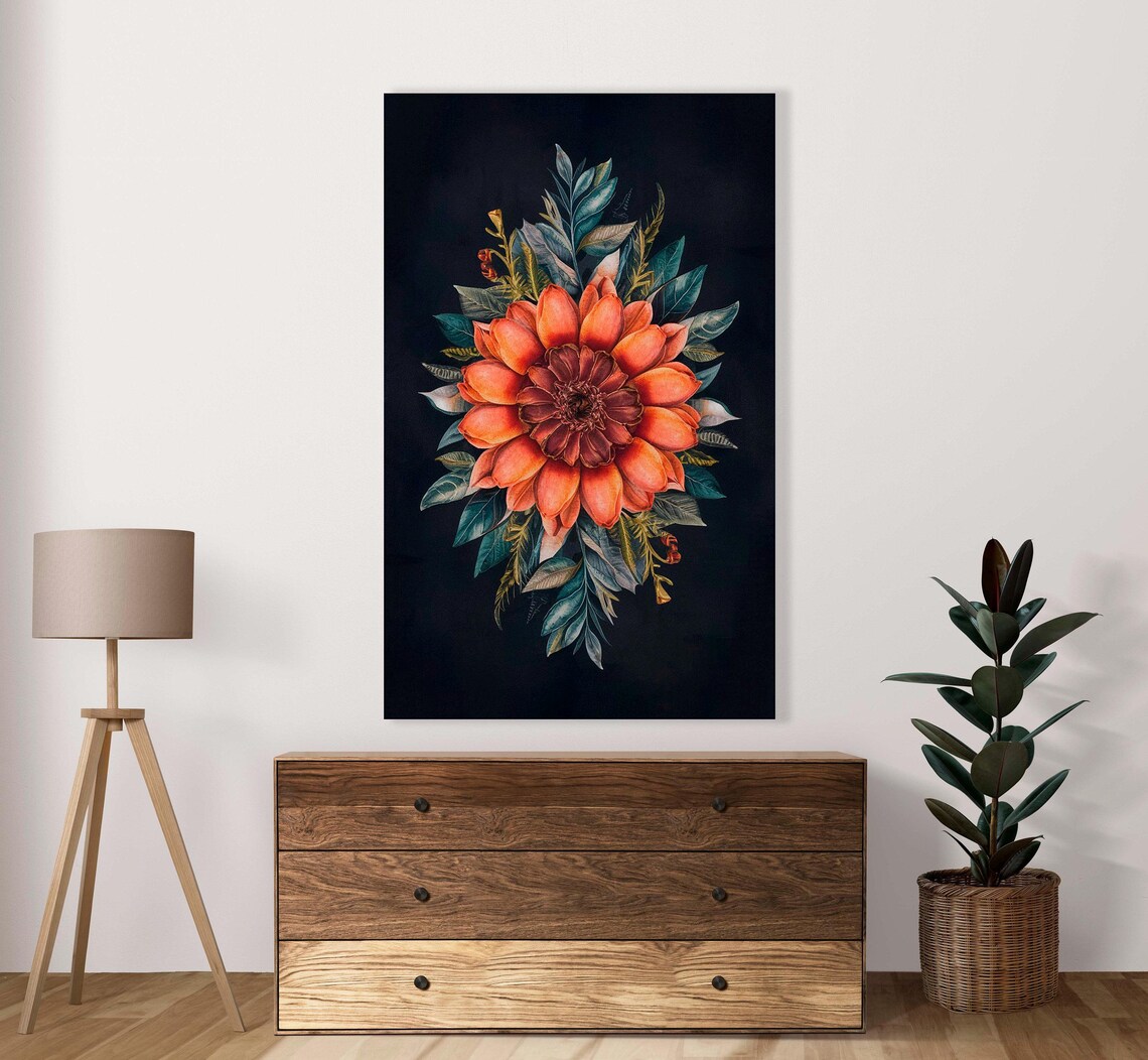 Burnt Orange Watercolor Floral Bloom Dark Botanical Art Poster