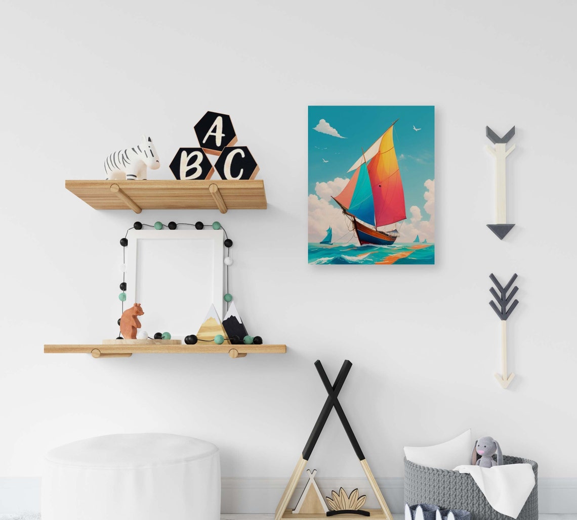 Classic Sailboat With Rainbow Sails On A Calm Blue Sea Poster - Image 2