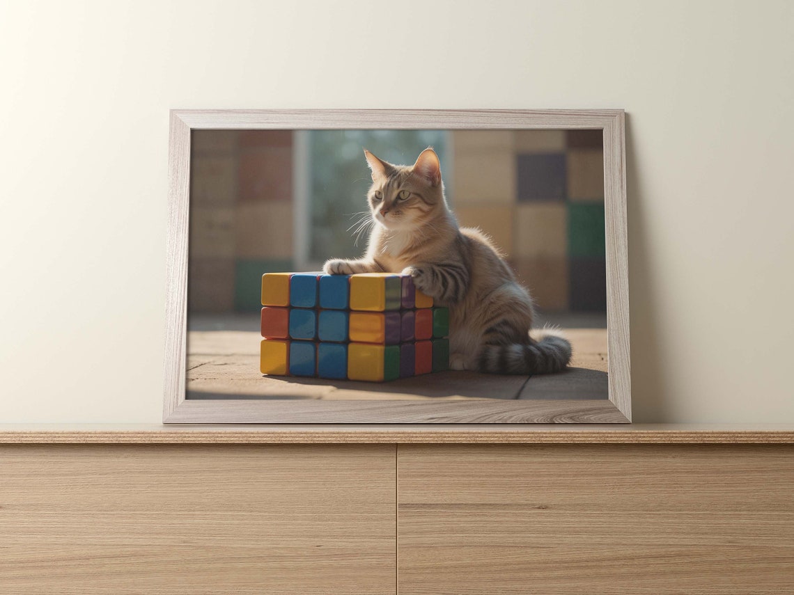 Tabby Cat Leaning On Big Puzzle Cube In Sunlight Photo Poster - Image 2