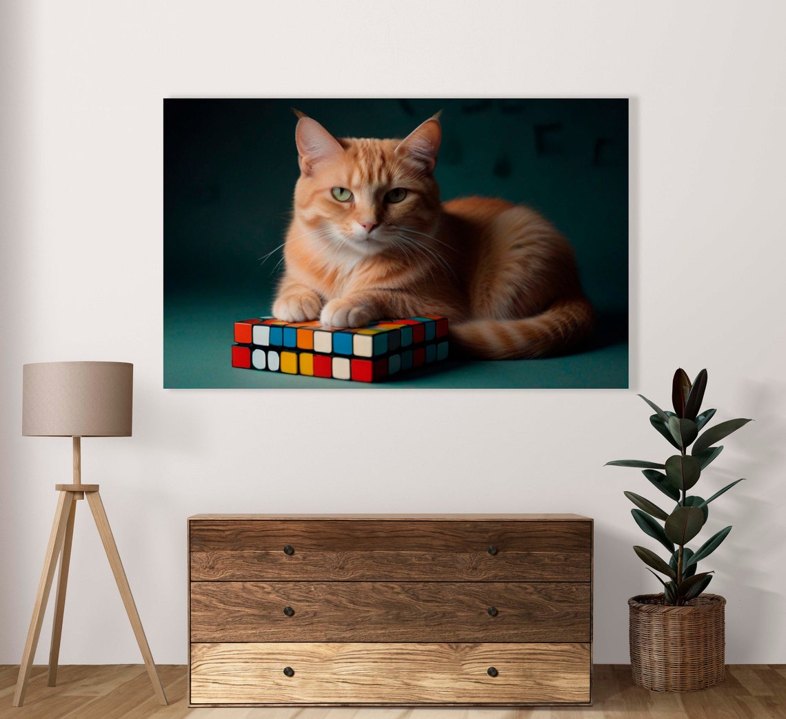 Serious Orange Tabby Cat With Rubiks Cube Moody Dark Green Art Poster