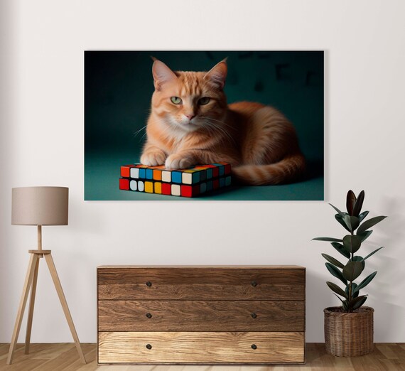 Serious Orange Tabby Cat With Rubiks Cube Moody Dark Green Art Poster