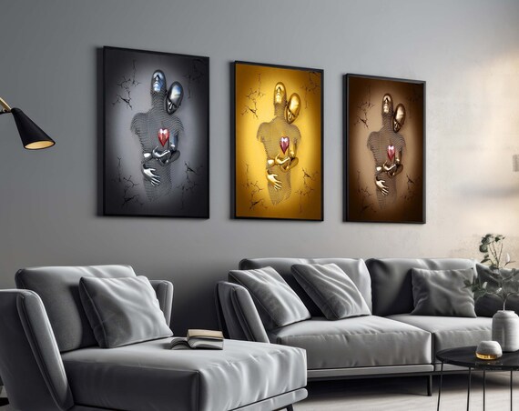 Goldsilverbronze Love Embrace Sculpture Contemporary Metal Art3d Effect Canva Abstract Wall Arthome Decorset Of 3 Ready To Hang Canvas