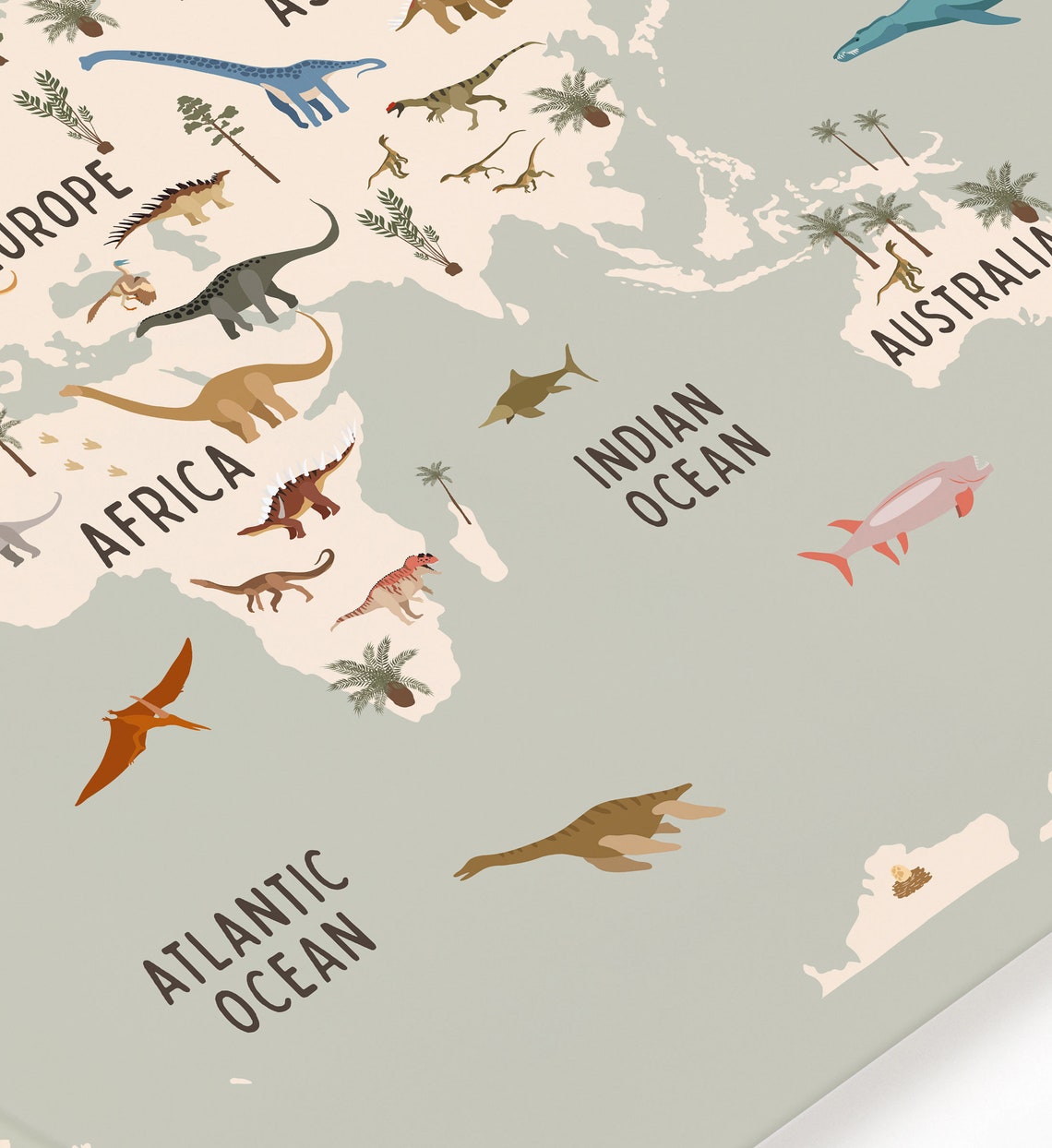 Dinosaur World Map Sage Green Nursery Dinosaurs Room Wall Art - Image 3