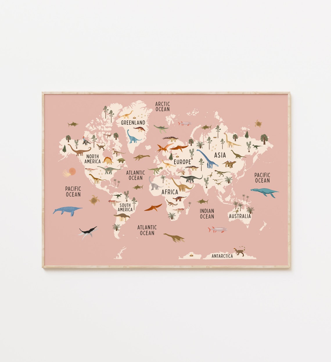 Dinosaur World Map Pink Nursery Dinosaurs Kids Room Wall Art - Image 2