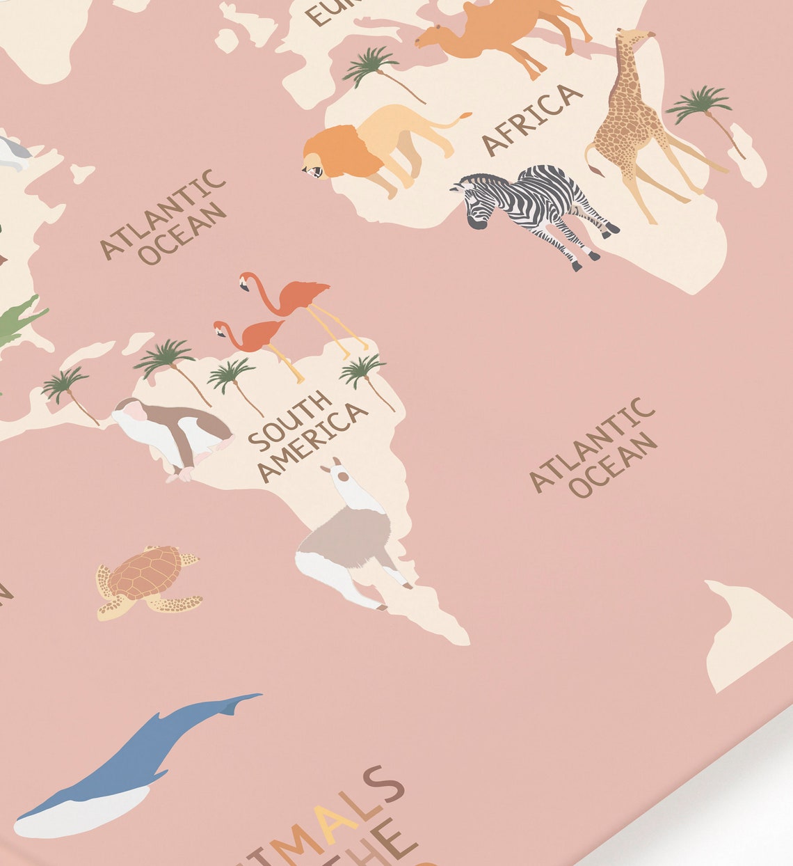 Animals Of The World Pink Nursery World Map Educational Poster Decor - Image 3