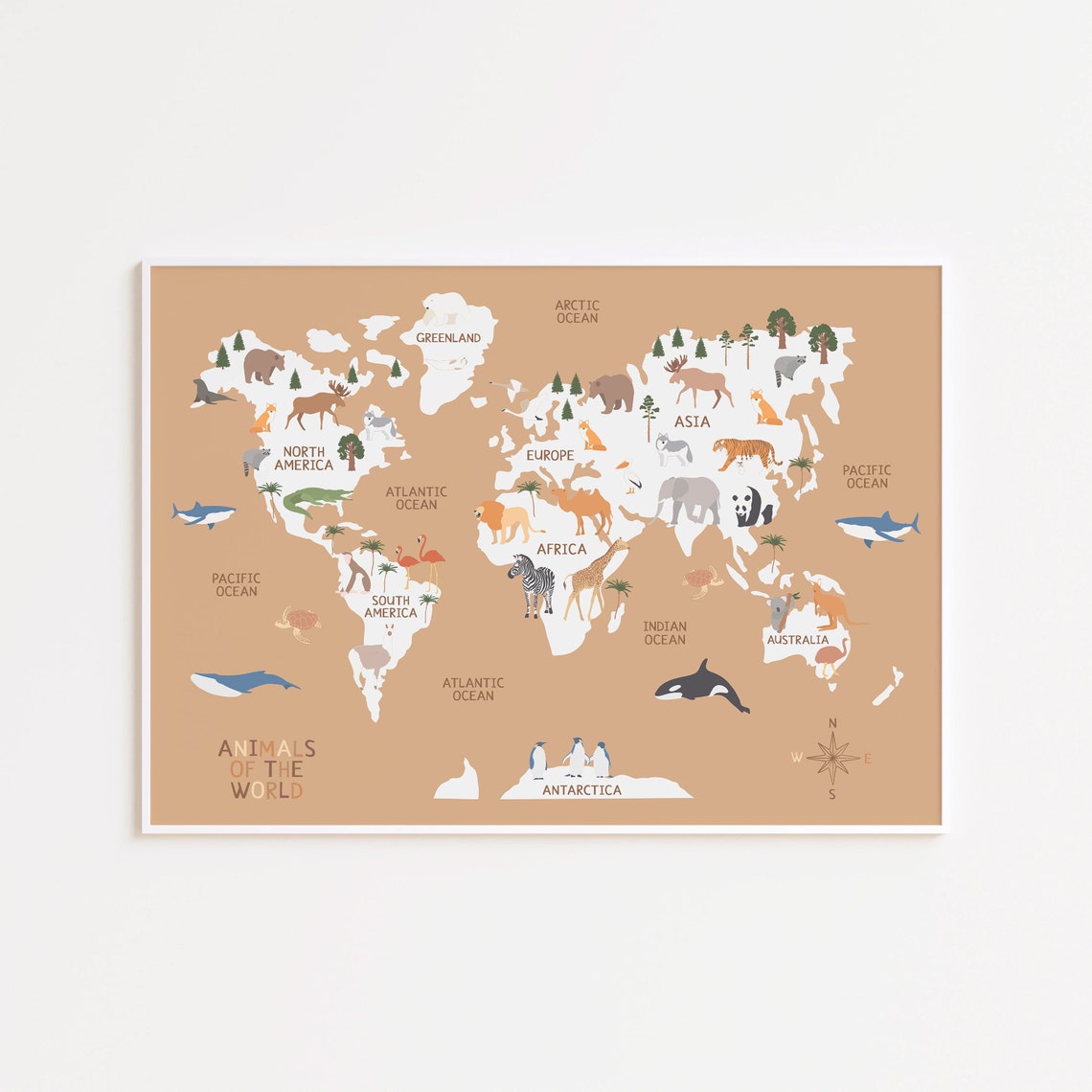 Animals Of The World Caramel Nursery World Map Animal Wall Art - Image 3
