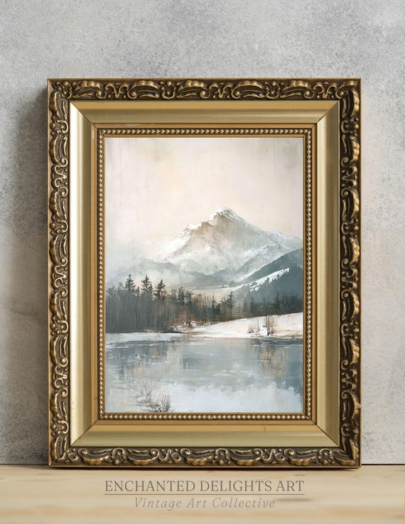 Vintage Snowy Mountain Painting Winter Landscape Art Rustic Wall Decor Print