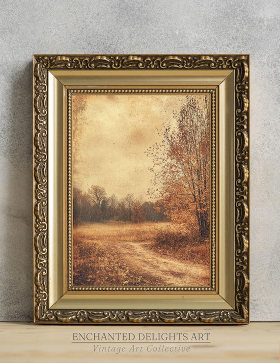 Rainy British Countryside Painting Autumn Landscape Art Warm Fall Colour Palette Print Moody Farmhouse Poster