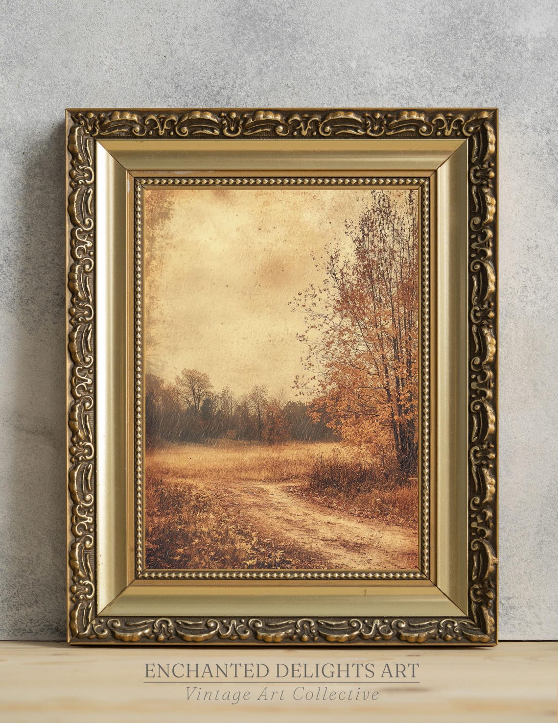 Rainy Autumn Countryside Dirt Road Golden Field Vintage Poster