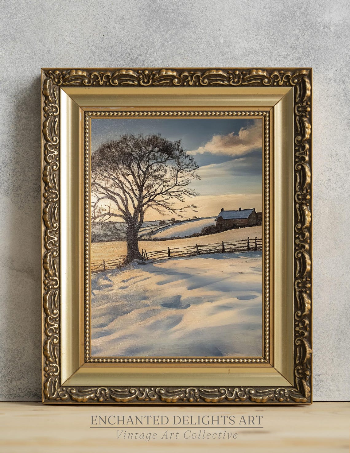 Snowy Countryside Farmhouse Bare Tree Winter Sunset Painting Poster