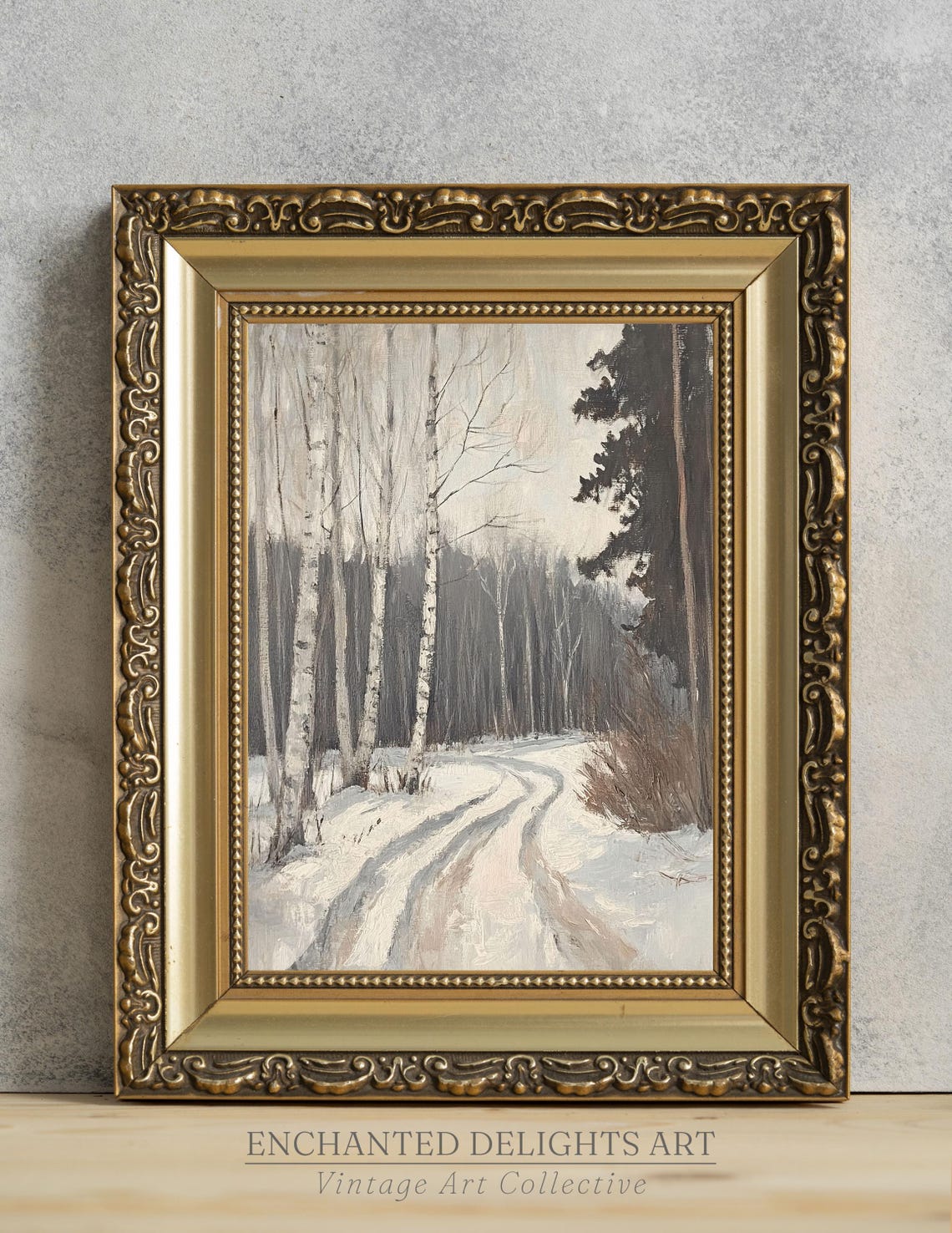 Winter Birch Forest Snowy Road Vintage Oil Painting Landscape Poster