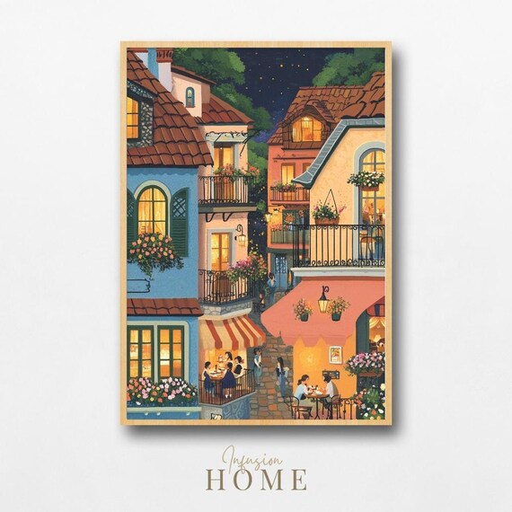 European Village Bistro Scene Balconies Flowers Night Poster