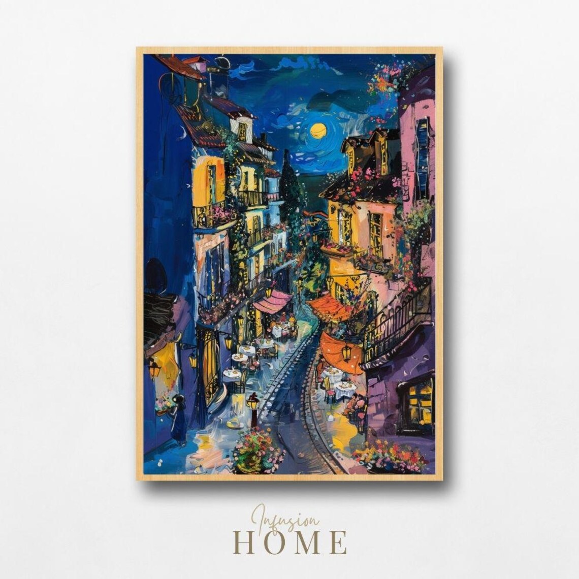 Moonlit European Village Cozy Cafe Street Night Scene Poster