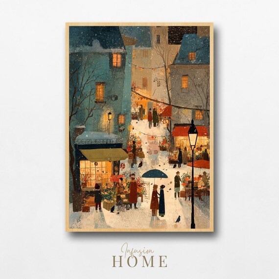 Cozy Winter Village Market Night Snowy Street Lamp Art Poster