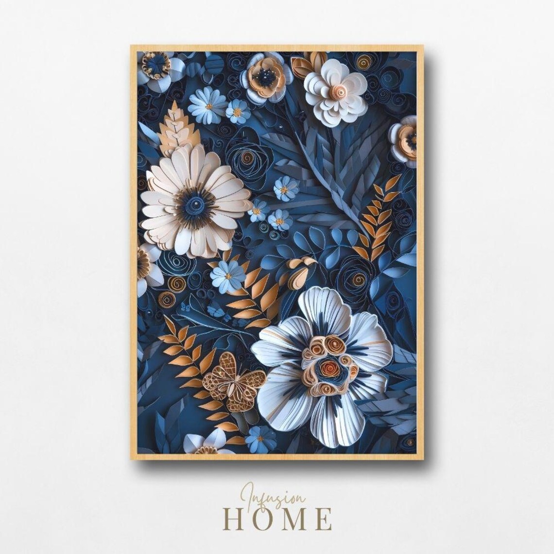 Midnight Garden Quilling Paper Cut Floral Navy Gold Art Poster