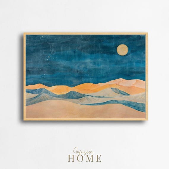 Moonlit Desert Dunes Print Indigo Night Sky Scene