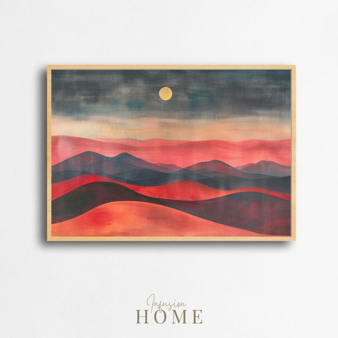 Abstract Desert Landscape Art Print Red Dunes Full Moon