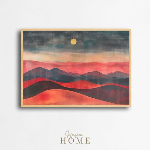 Abstract Red Desert Dunes Full Moon Night Landscape Art Poster
