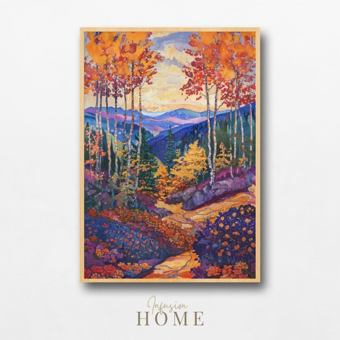 Autumn Mountain Trail Colorful Fall Forest Path Painting Poster