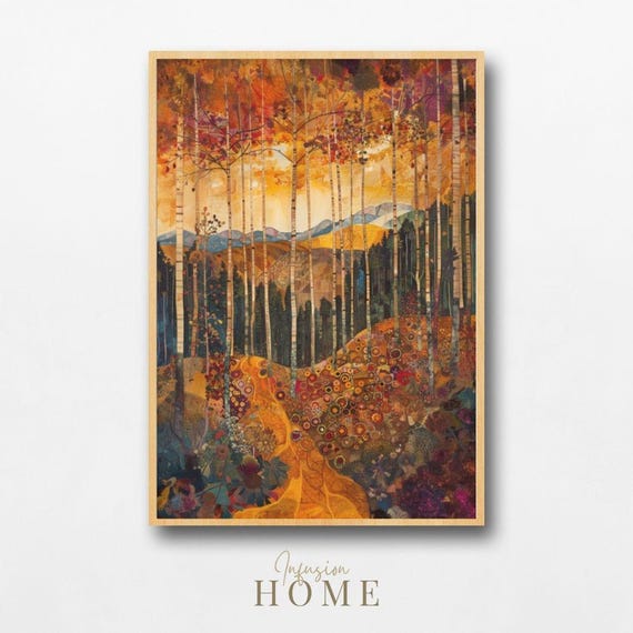 Autumn Birch Forest Path Golden Nordic Landscape Scandinavian Art Poster