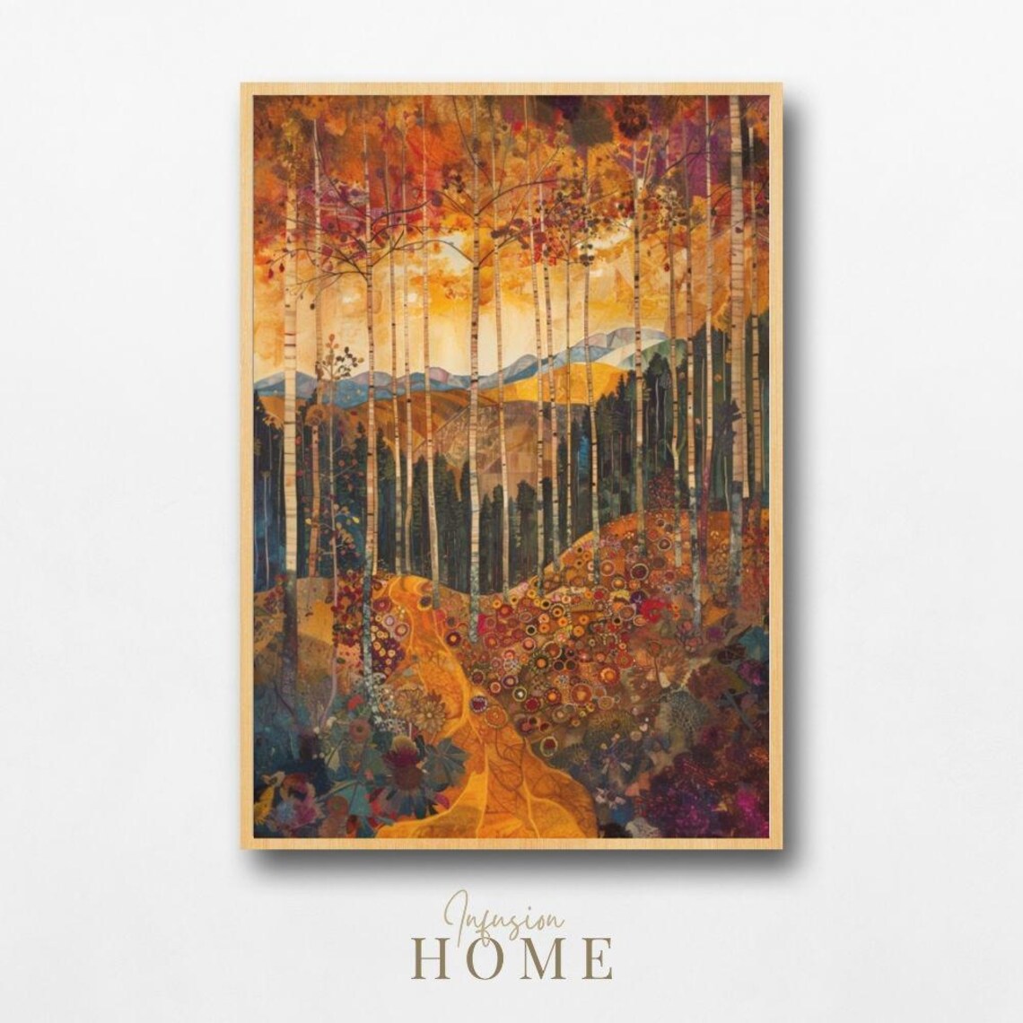 Autumn Birch Forest Path Golden Nordic Landscape Scandinavian Art Poster