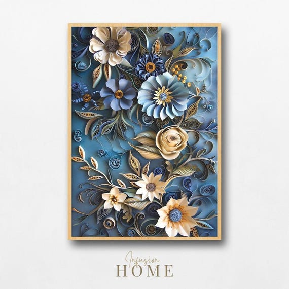 Blue Botanical Paper Cut Art Print Floral Quilling