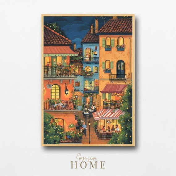 European Cafe Cobblestone Street Balcony Night Lights Poster