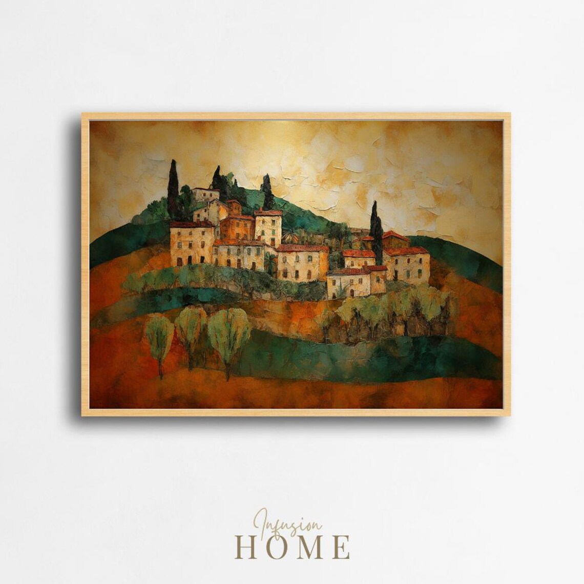 Tuscan Hilltop Village Earthy Oil Painting Autumn Landscape Poster