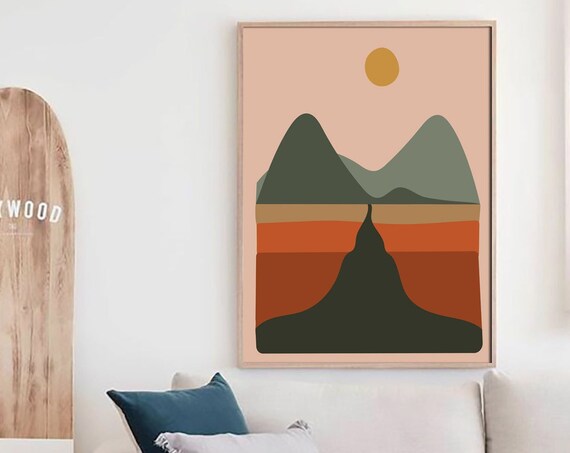 Terracotta Wall Art Boho Landscape Print Road And Mountains Poster Earth Tones Wall Art Instant Nature Illustration