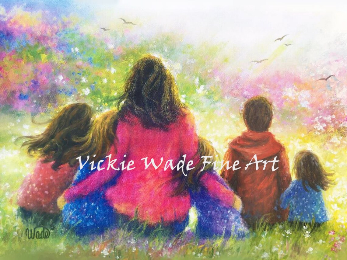 Mother With Four Daughters and a Son Sitting in a Flower Meadow Poster