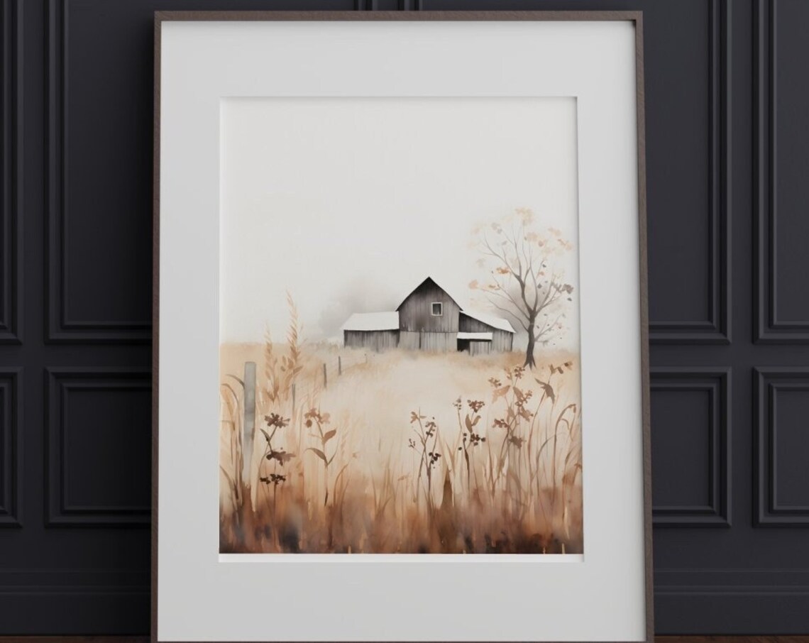 Earth Tone Watercolor Farmhouse Field Landscape Art Print - Image 3
