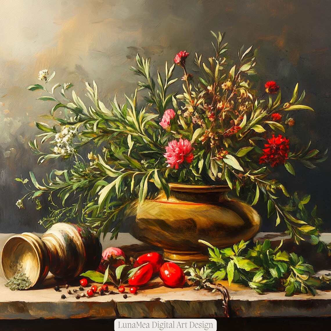 Rustic Kitchen Still Life, Herbs, Spices And Tomatoes - Image 2
